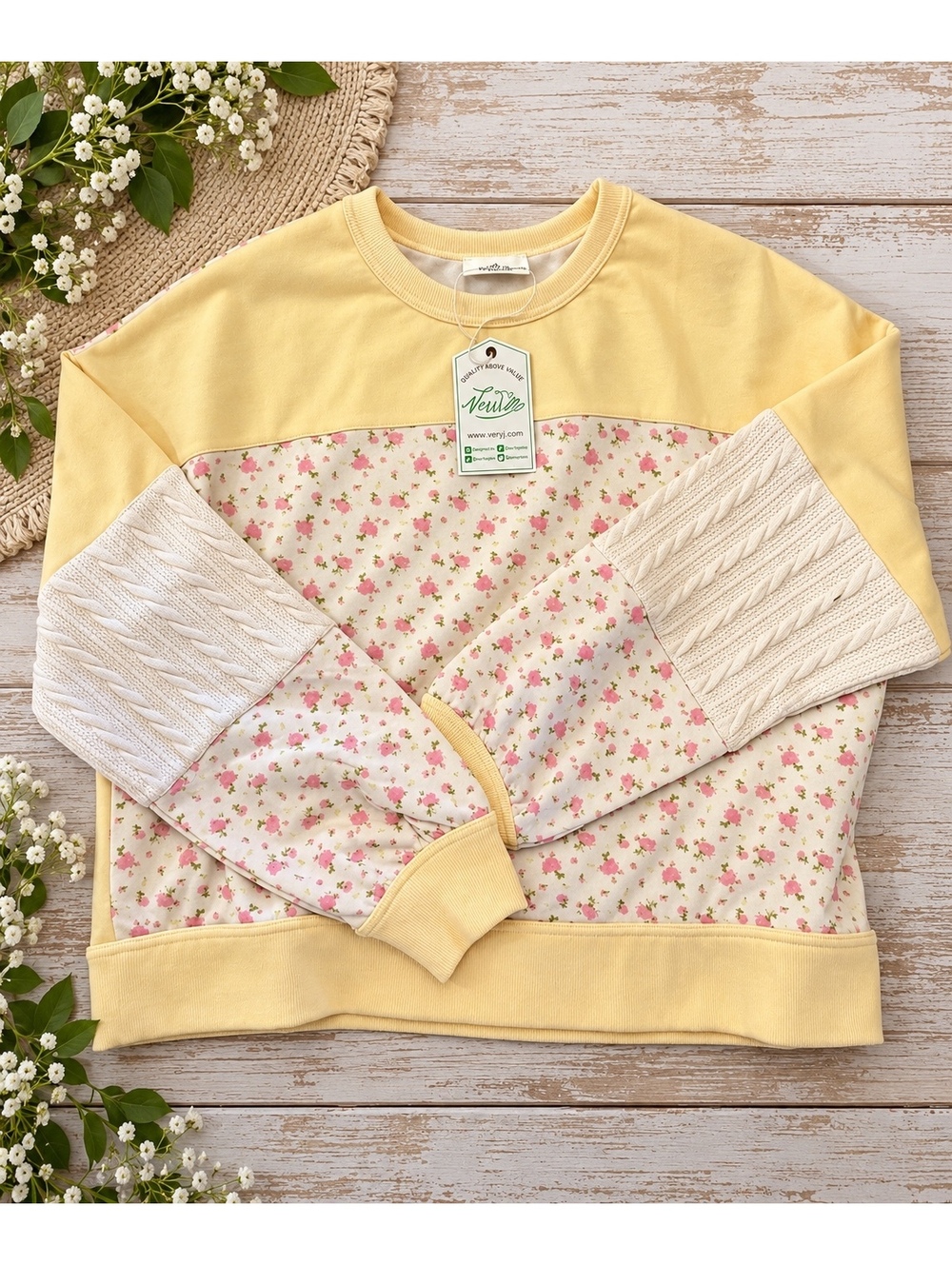 Very J Floral Cable Knit Patchwork Sweatshirt Size Small Yellow Cottagecore NWT
